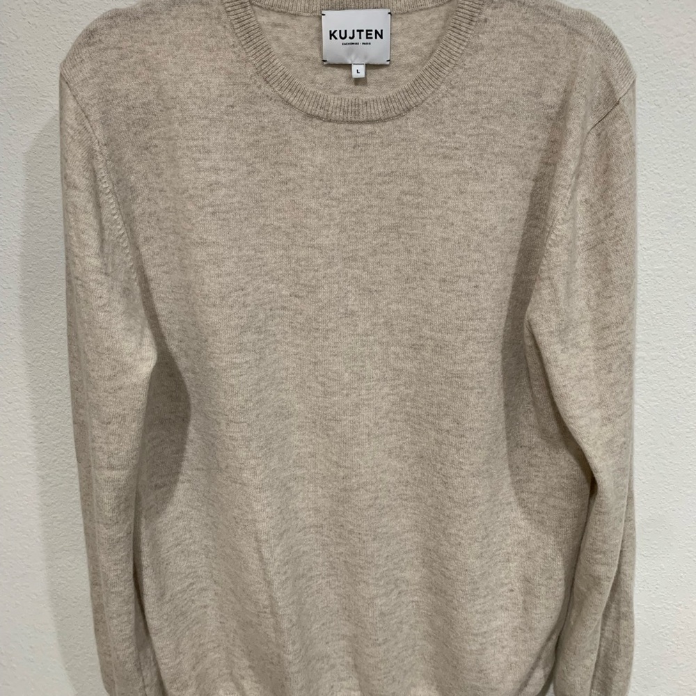 Kujten Men's 100% Cashmere Soft Crewneck Sweater in Light Beige, Large
